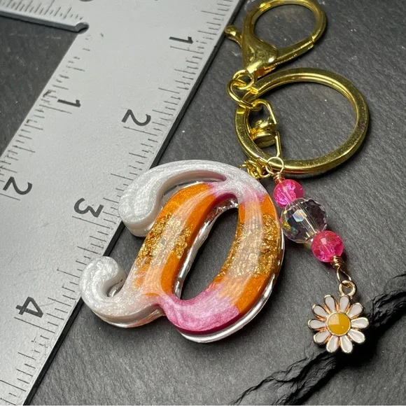 REDUCED Custom Orange Cream and Pink Letter “D” Keychain with Daisy Charm - Picture 10 of 11
